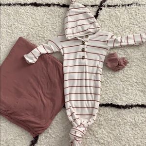 Night gown, hand mitts, beanie, swaddle blanket